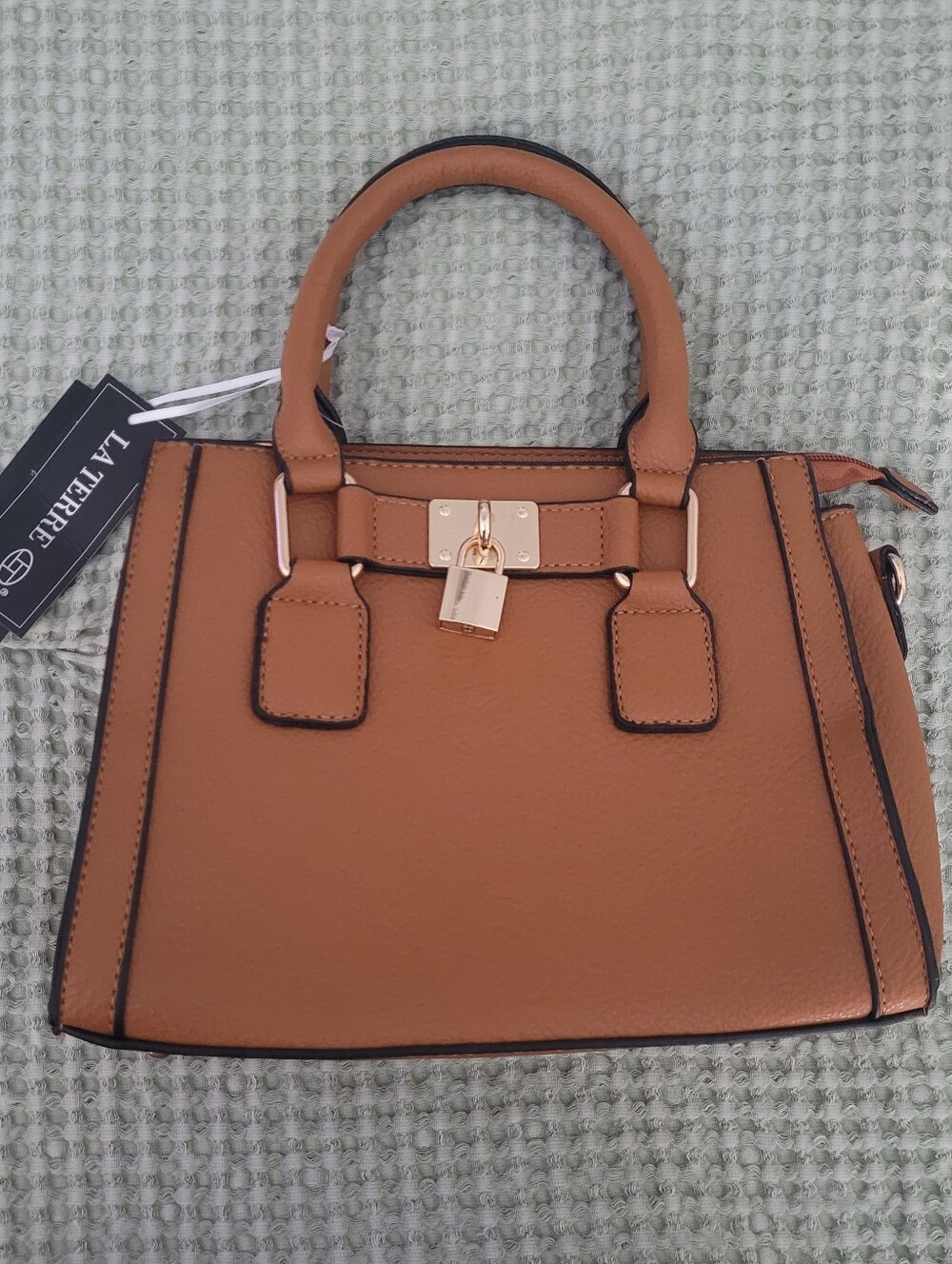 LA TERRE Cognac Vegan Leather Satchel Gold Padlock NWT Crossbody